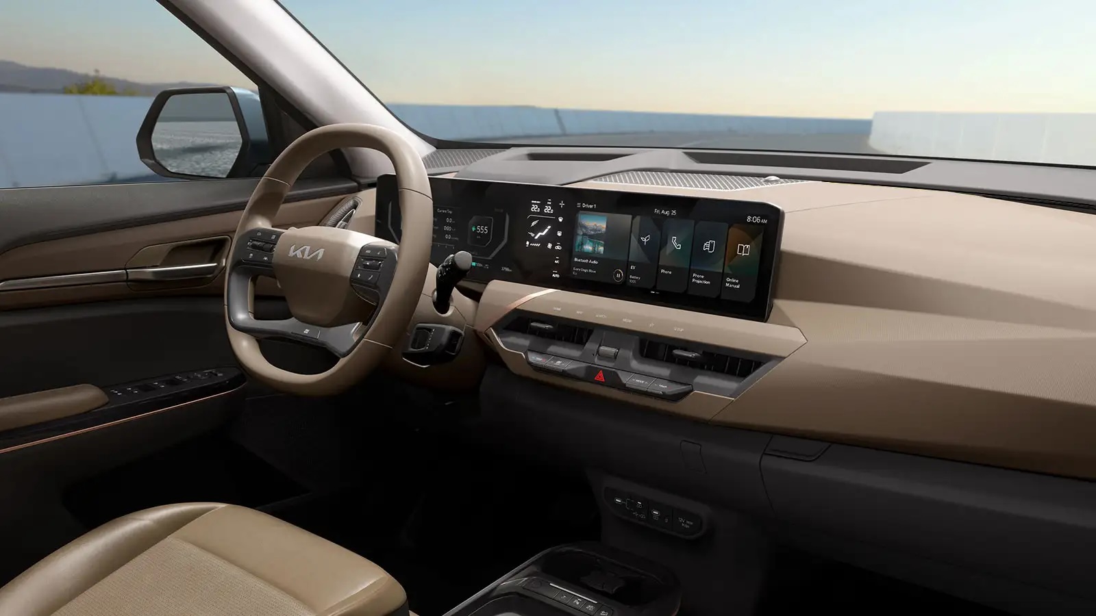 Kia EV5 Dashboard and Infotainment System Dashboard of the Kia EV5, displaying the advanced infotainment system and driver interface.