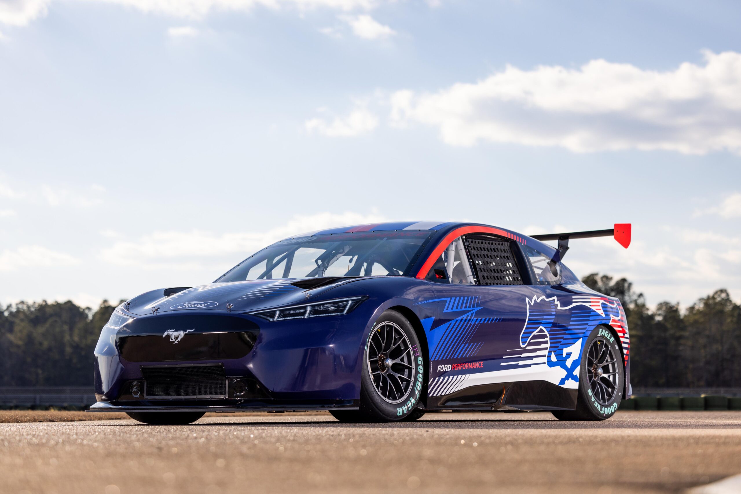Ford Mustang Mach-E racer prototype, a potential future contender in NASCAR's Cup Series with electric efficiency.