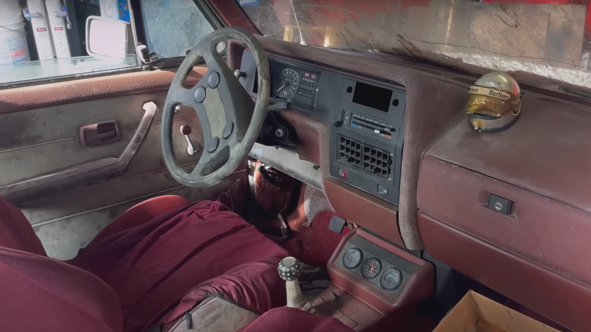 Close-up of the four-spoke steering wheel in the 1983 Mk1 Volkswagen GTI